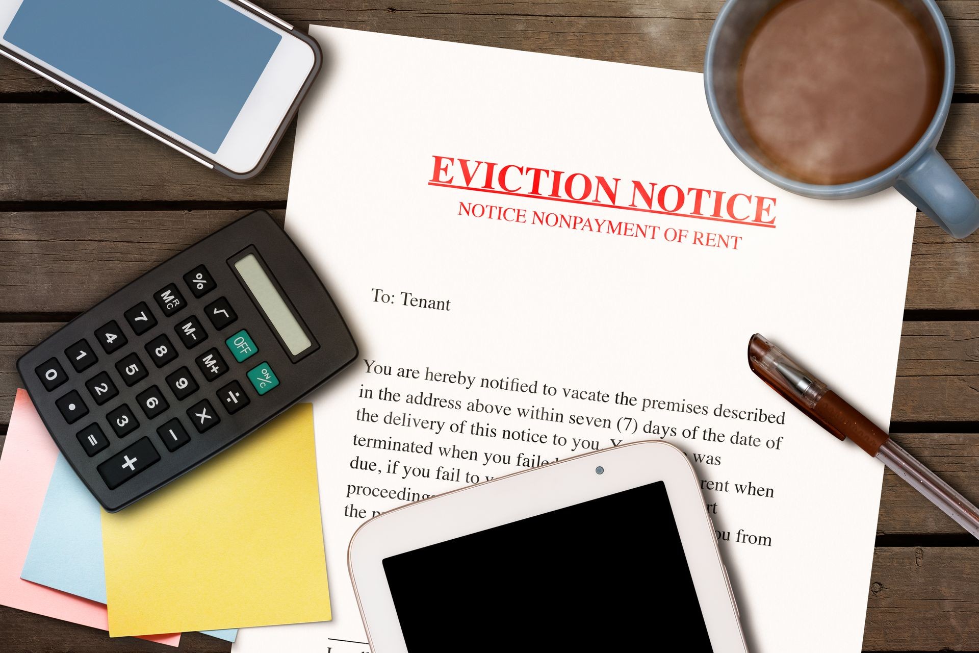 EVICTION NOTICE WITH CALCULATOR, A CUP OF COFFEE, SMARTPHONE, TABLET, PAPER NOTES AND A PEN ON WOODEN TABLE. (FINANCIAL DIFFICULTY CONCEPT)